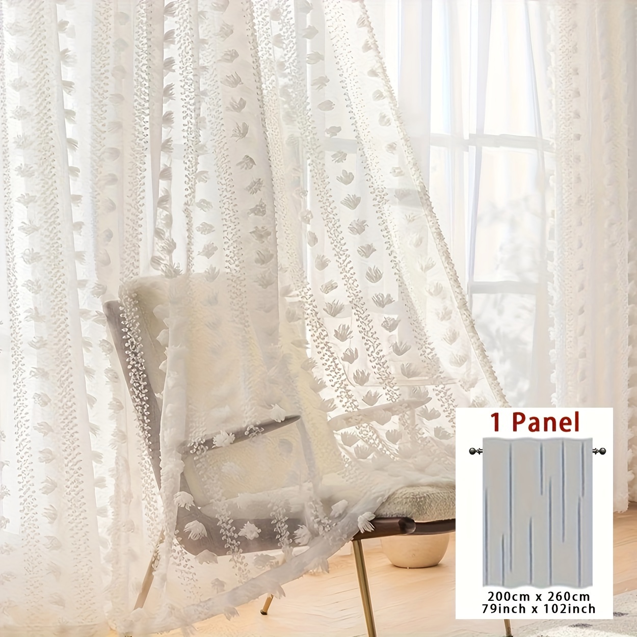 TEMU Cortina de gasa de bolas blancas románticas de 1 panel, estilo pastoral francés para dormitorio, , , , separador de ventana, con bolsillo para