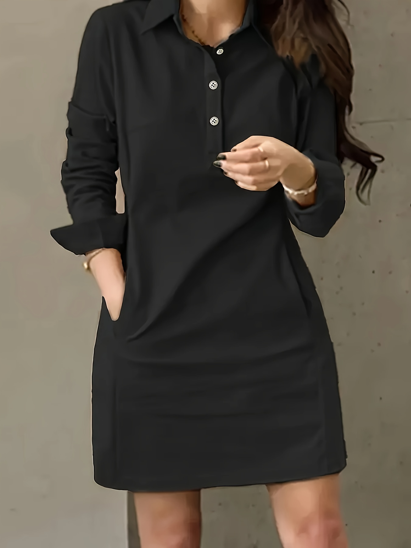 womens elegant solid color black long sleeve shirt dress Temu