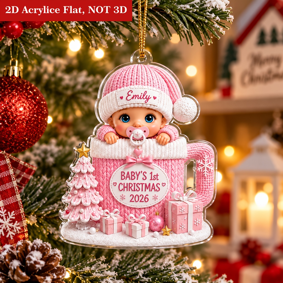 TEMU 2d Flat, 2d Personalized Baby's First Christmas Decoration 2026, Custom Name Acrylic Flat Hanging Decoration, Cup-shaped Baby Design Christmas