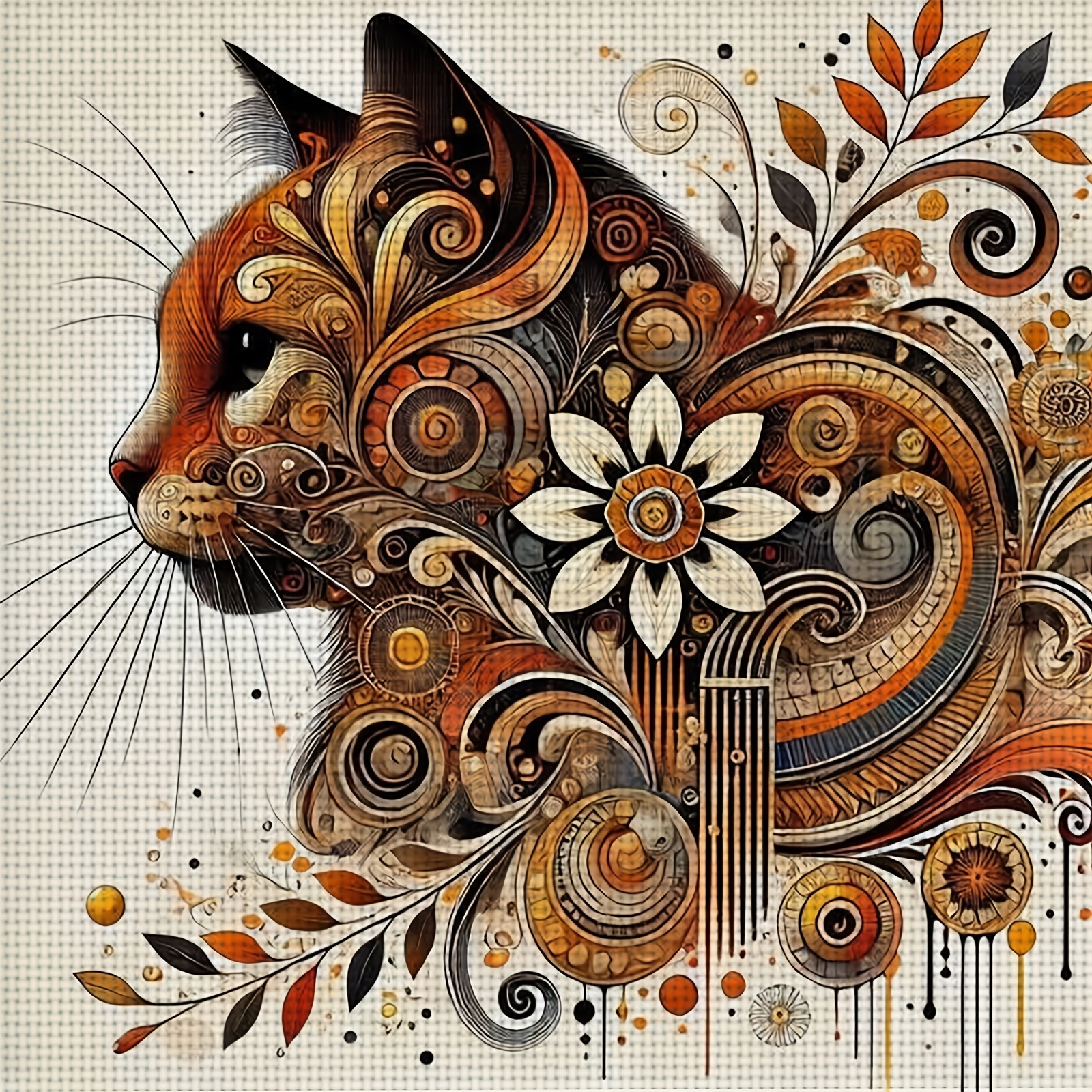 TEMU Kit de point de croix sur tissu imprimé cadre 11CT/14CT intitulé 'Illustration de décoration de chat ', adapté aux adultes et aux débutants pour