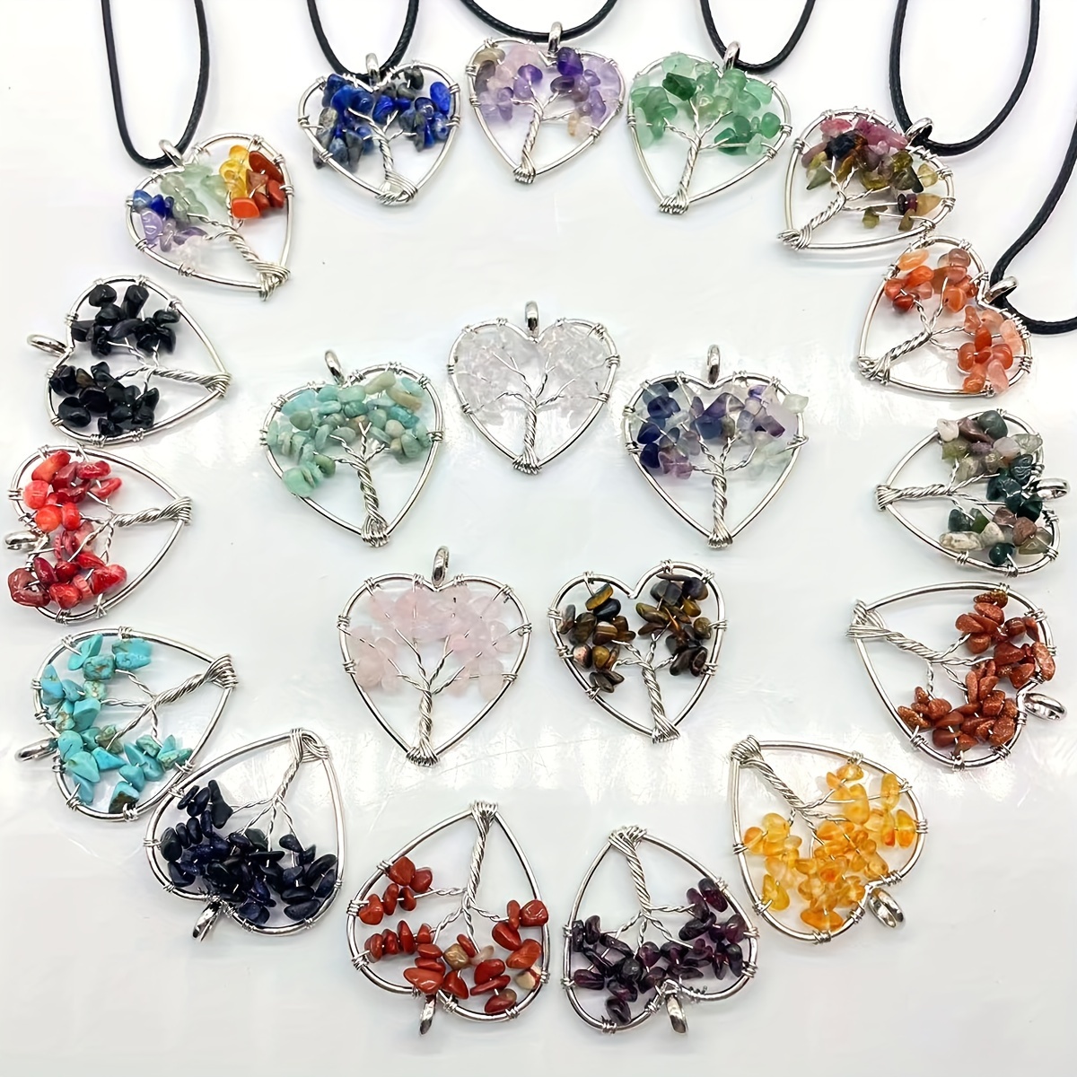 

Set Of 6/12/20 Tree Of Life Heart Pendants, Hollow Wire-wrapped Gemstone Charms For Making, Grace Themed Stones, For Necklaces, Gifting And Home Decor