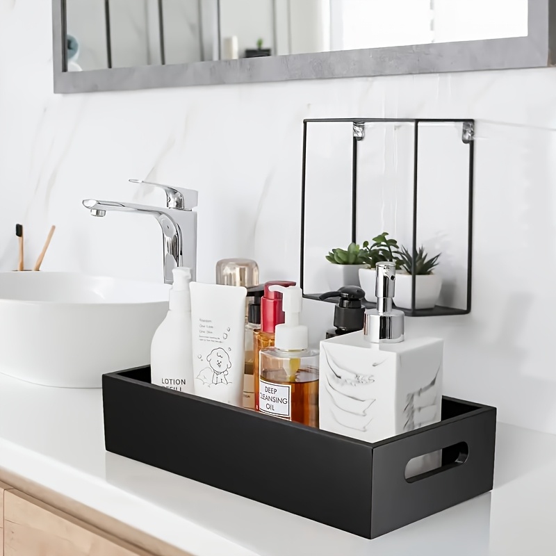 Image of Black Wooden Bathroom Basket With Handle - Multifunctional Toilet Tank Top Storage Organizer, Storage Box For Bathroom Decoration Valentine's Day Easter Christmas Storage Basket Camping, Shelf Baskets