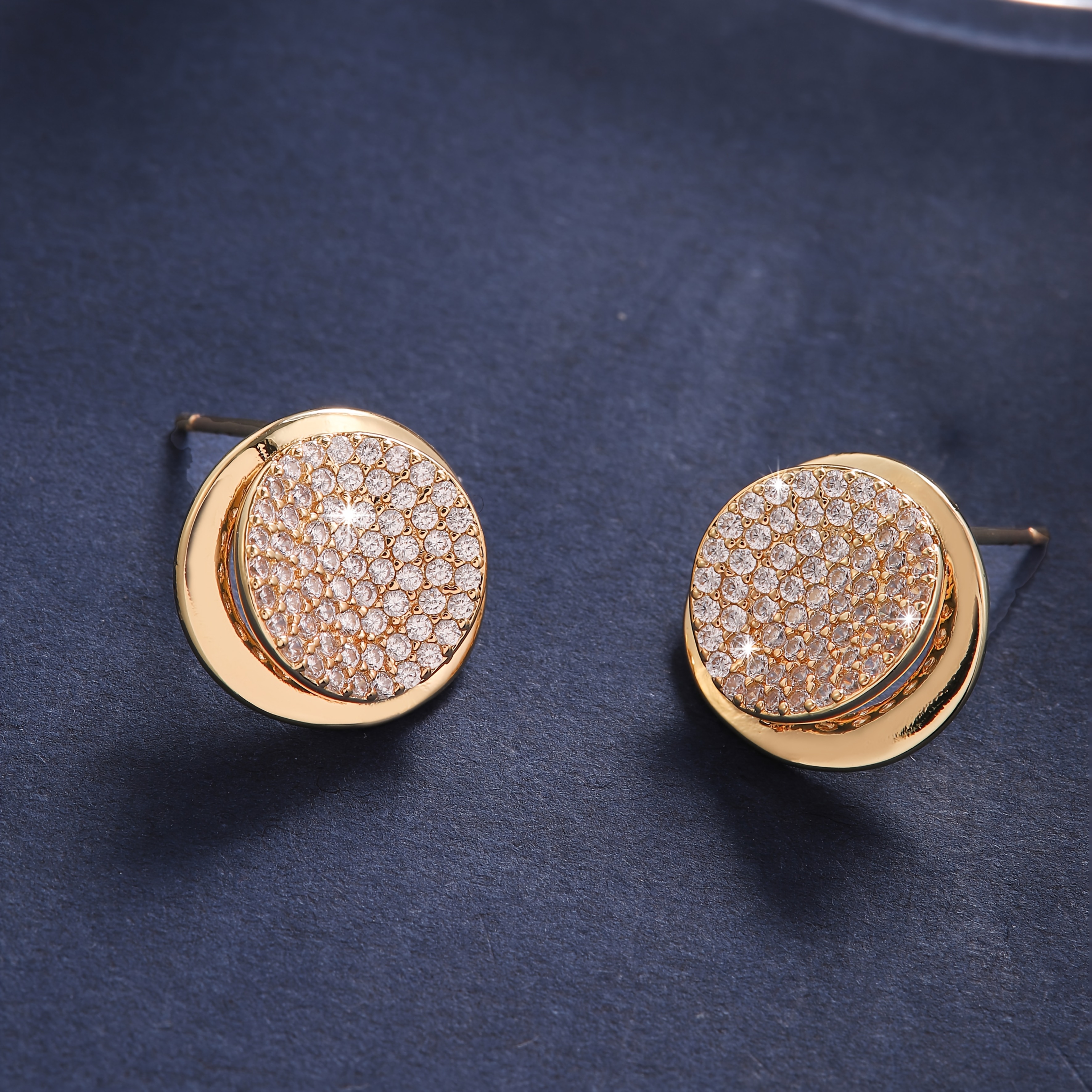 Image of 1 Pair Fashion Easy Round Geometric Elegant Stud Earrings, 18k Golden Plated Cubic Zirconia Inlaid Sparkling Exquisite Earrings, Women's Bride Jewelry, Perfect Birthday Gift For