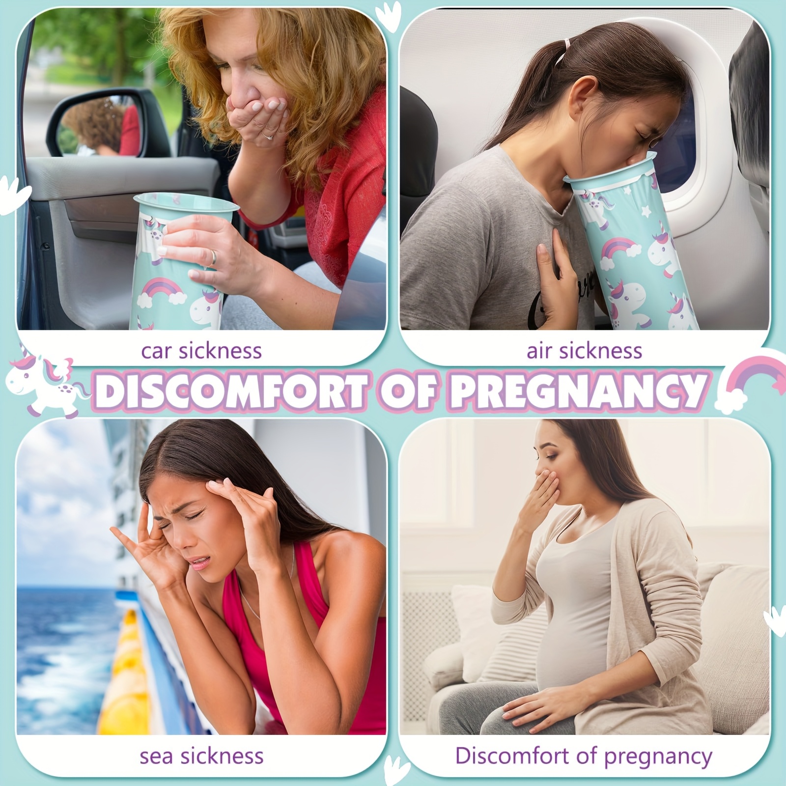 12pcs, 24pcs Cute Unicorn Teen Car Puke Bags, Disposable Nausea Travel Bags, 33.81oz Leak-Proof, Suitable for Sports Cars Bus Taxi Airplane - Self-Sealing Vomit Bags