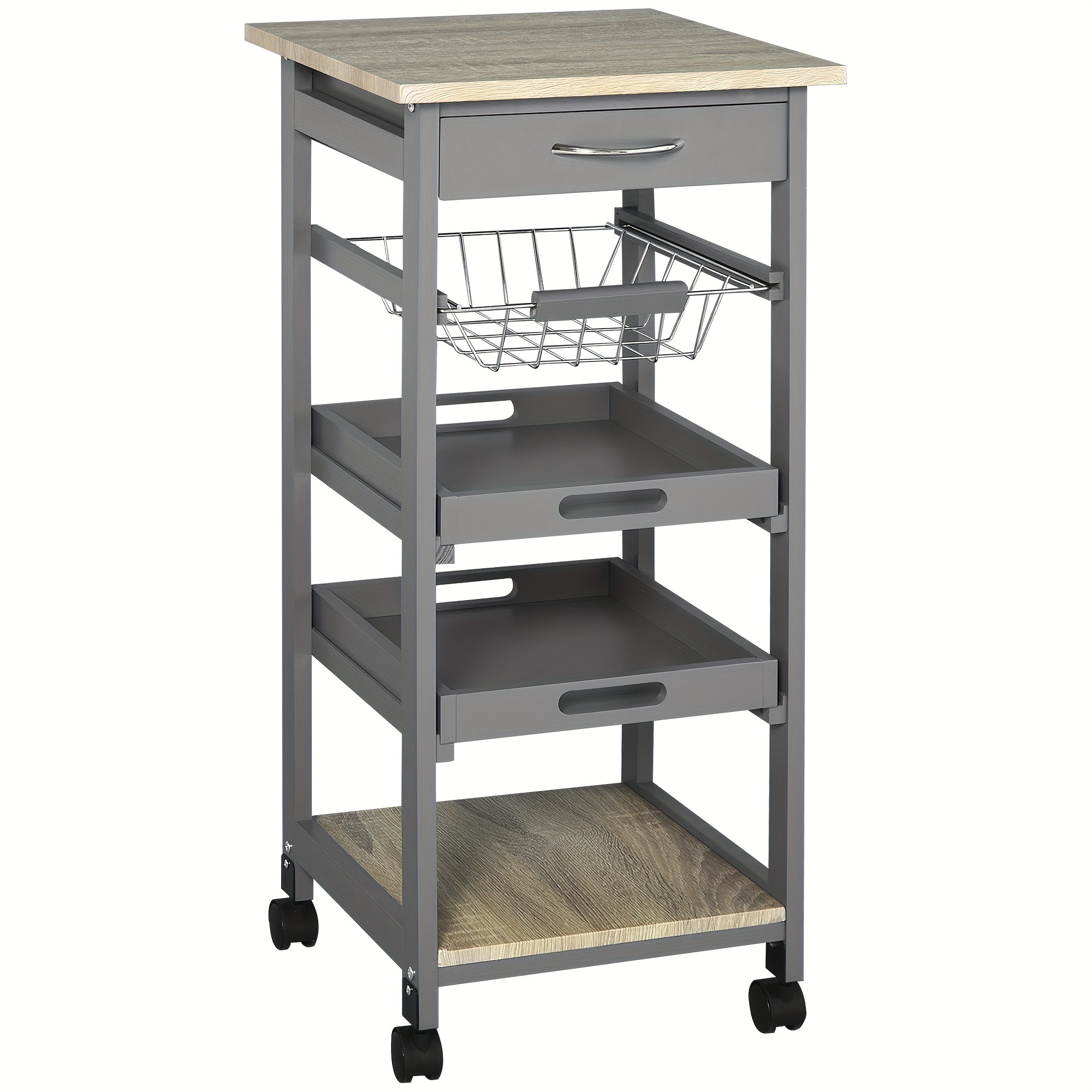 

Mobile Kitchen Cart, Rolling Kitchen Island With Storage, Solid Wood Frame Utility Cart With Wire Fruit Baskets, Trays And Drawer, Gray
