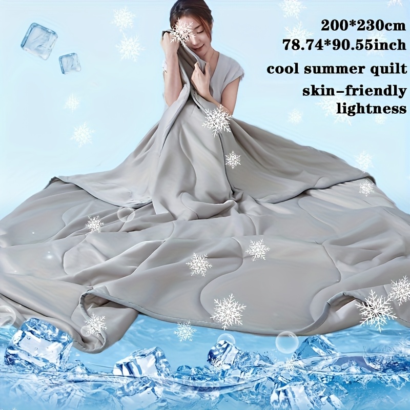 Image of 1pc Cooling Summer Blanket - Light Blue And Gray Quilted Design, Breathable Polyester Fiber, Machine Washable, Perfect For Bed Or Sofa