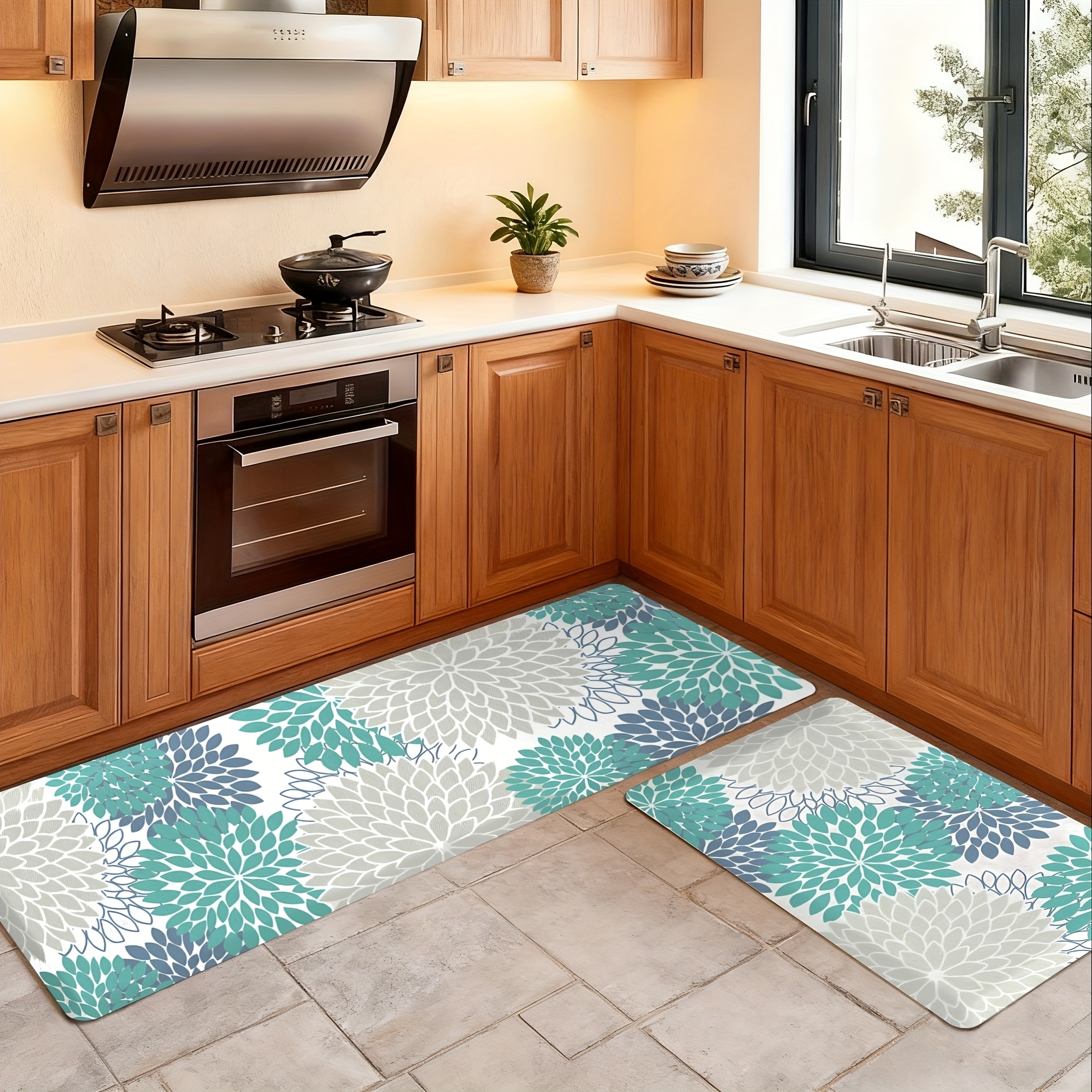 1pc Kitchen Mats For Floor Cushioned Anti Fatigue, Boho Floral Kitchen Rugs Of 2 Non Slip, Ergonomic Memory Foam Kitchen Mat For Laundry Sink Office Home, Blue/green/white