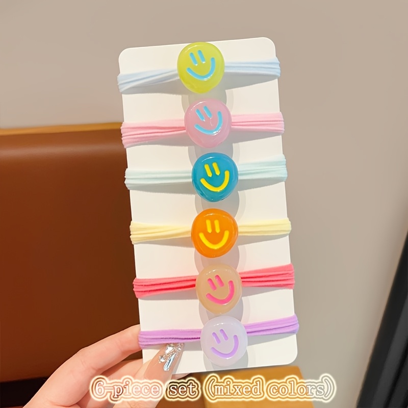 E-shop 6 Stk. süße coole Dopamin-Acetat-Stoff-Stirnbänder mit fröhlichem Gesicht, schadensfreie hochelastische Pferdeschwanz-Clips, die die Haare nicht