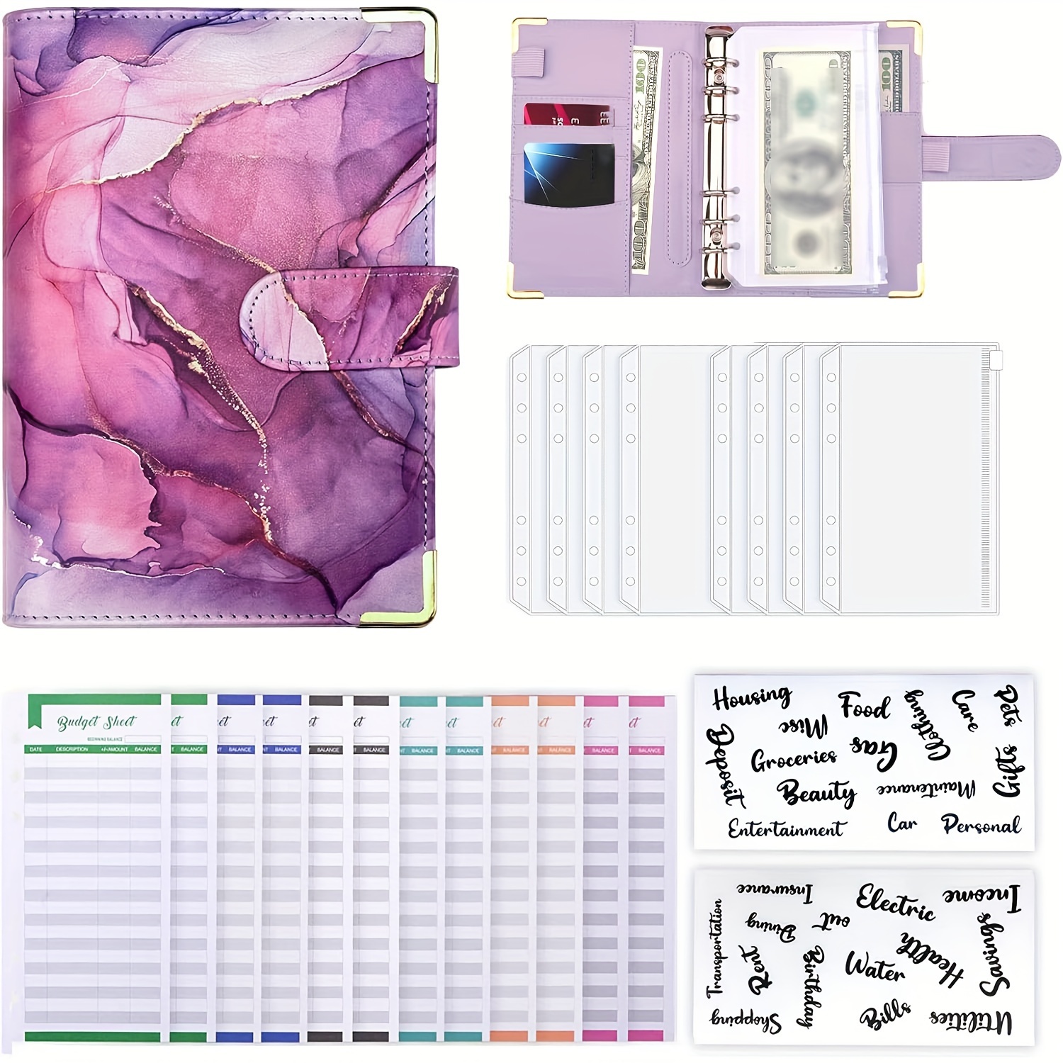 

Budget Binder, A6 Marble Pu Leather Binder, Money Organizer Cash Envelopes Budget Planner With 8 Zipper Cash Envelopes, 12 Expense Budget Sheets & 2 Letter Label Sticker For Budgeting, Saving Money