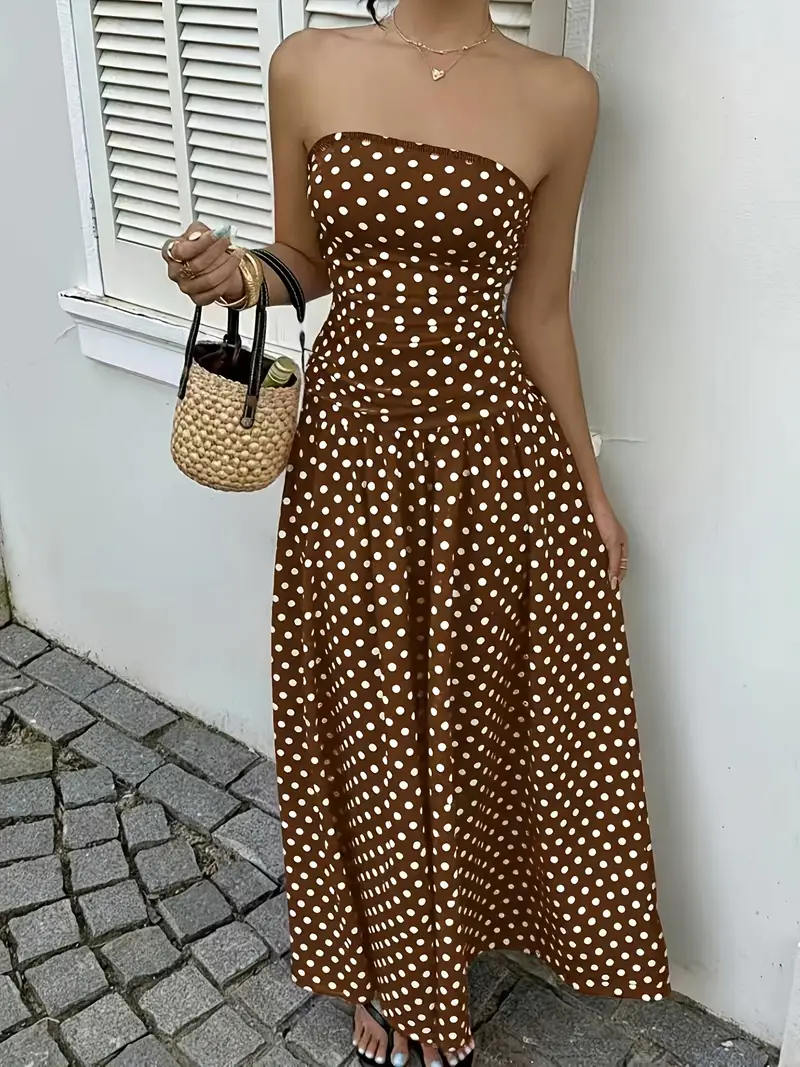 Polka Dot Strapless Dress with a Fitted Waist And a Flowing Floor-Length Skirt, Featuring a Vintage French Style That * The Figure. This Romantic And * Is Perfect for Casual * And Versatile Enough for ... Polka Dot Strapless Dress with a Fitted Waist And a Flowing Floor-Length Skirt, Featuring a Vintage French Style That * The Figure. This Romantic And * Is Perfect for Casual * And Versatile Enough for ...