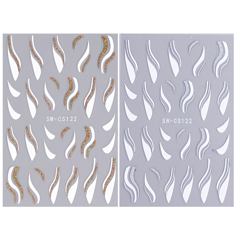 Image of 2 Sheets French Manicure Stickers, White Golden Silvery Line Self-adhesive Nail Decals, Diy Nail Salon Nail Decorations, Nail Art Supplies For Women