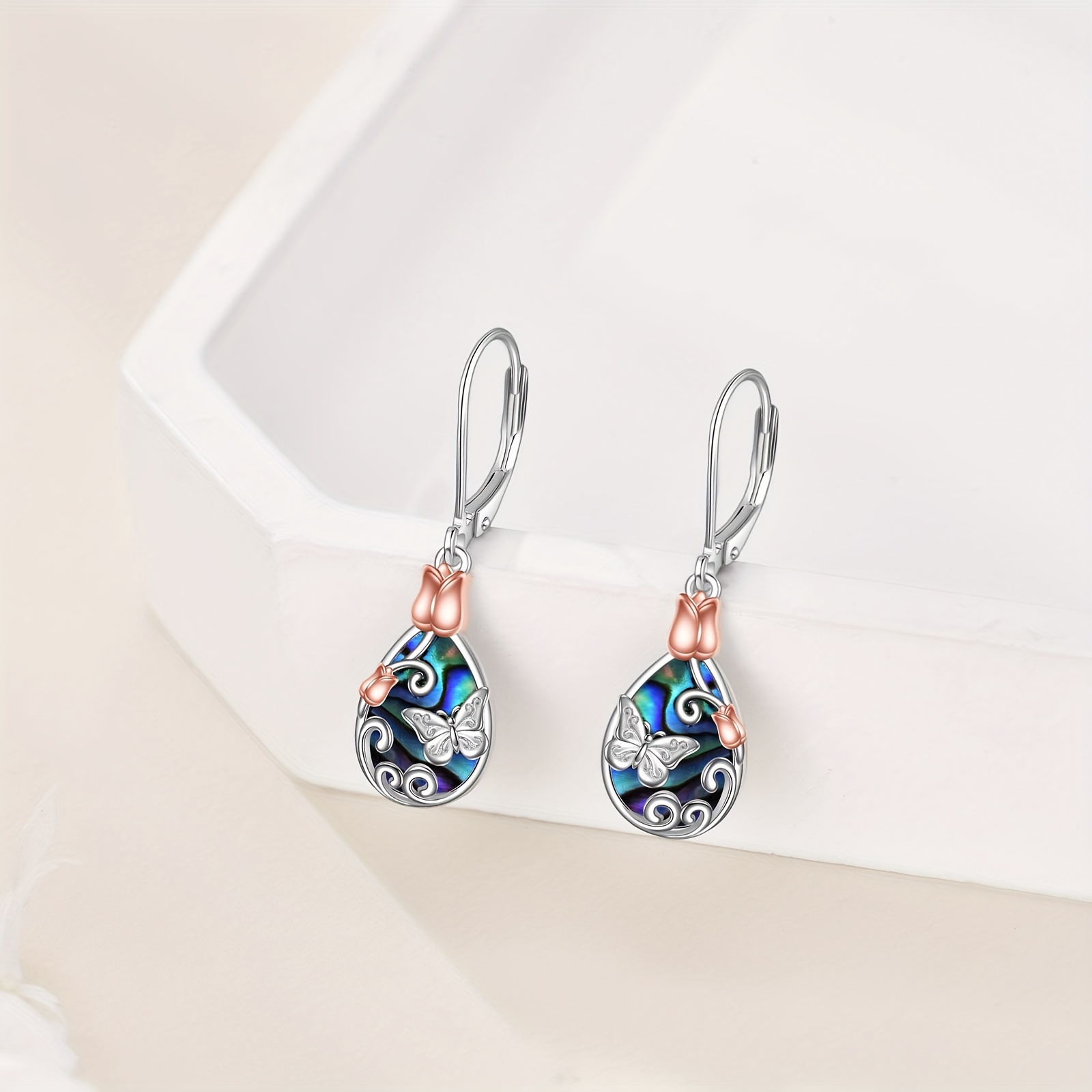   leverback earrings 925 sterling silvery rose flower   dangle teardrop earrings jewelry birthday gifts for women Product details 3