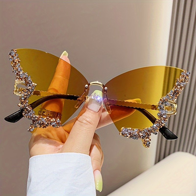 

Butterfly Shaped Rimless Fashion Glasses For Women Luxury Rhinestone Fashion Candy Color Sun Shades Costume Party Prom Glasses