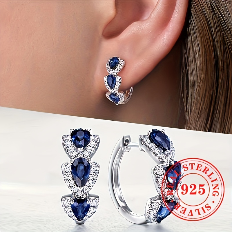 

1 Pair Women' Ring Earrings 4.3g S925 Pure Silvery Exquisite Shining Synthetic Zirconia Inlaid Blue Synthetic Earrings Women's Engagement Banquet Jewelry