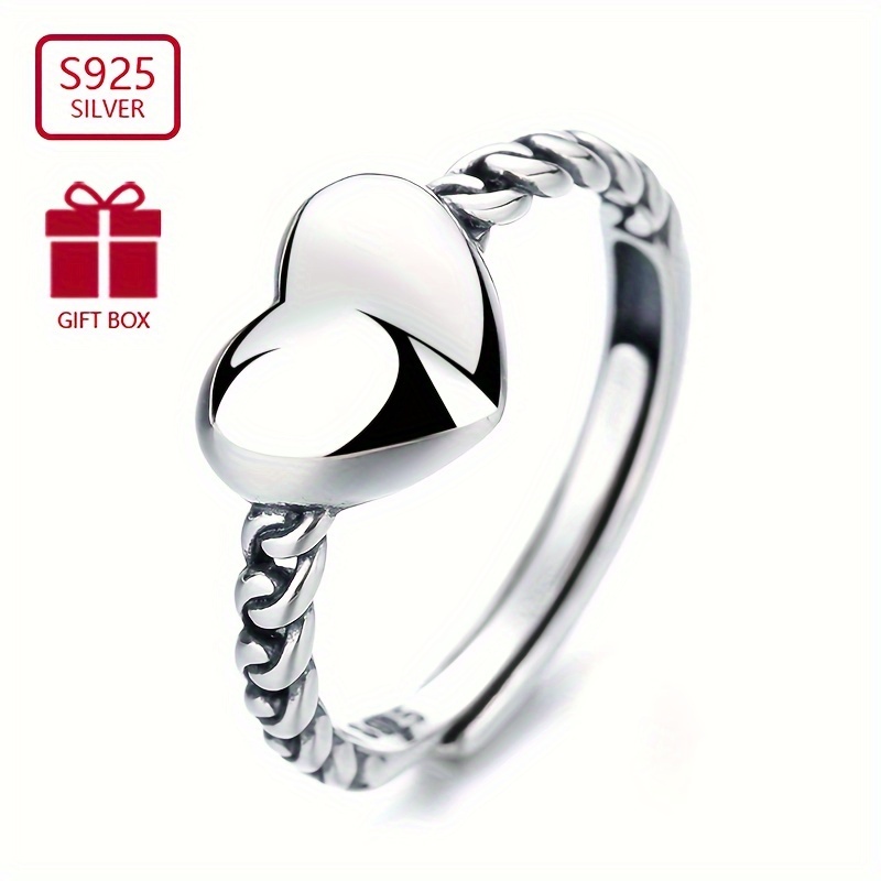 

1pc 925 Sterling Silver Ring Cute Heart Design Suitable For Men And Women Match Daily Outfits High Quality Adjustable Ring