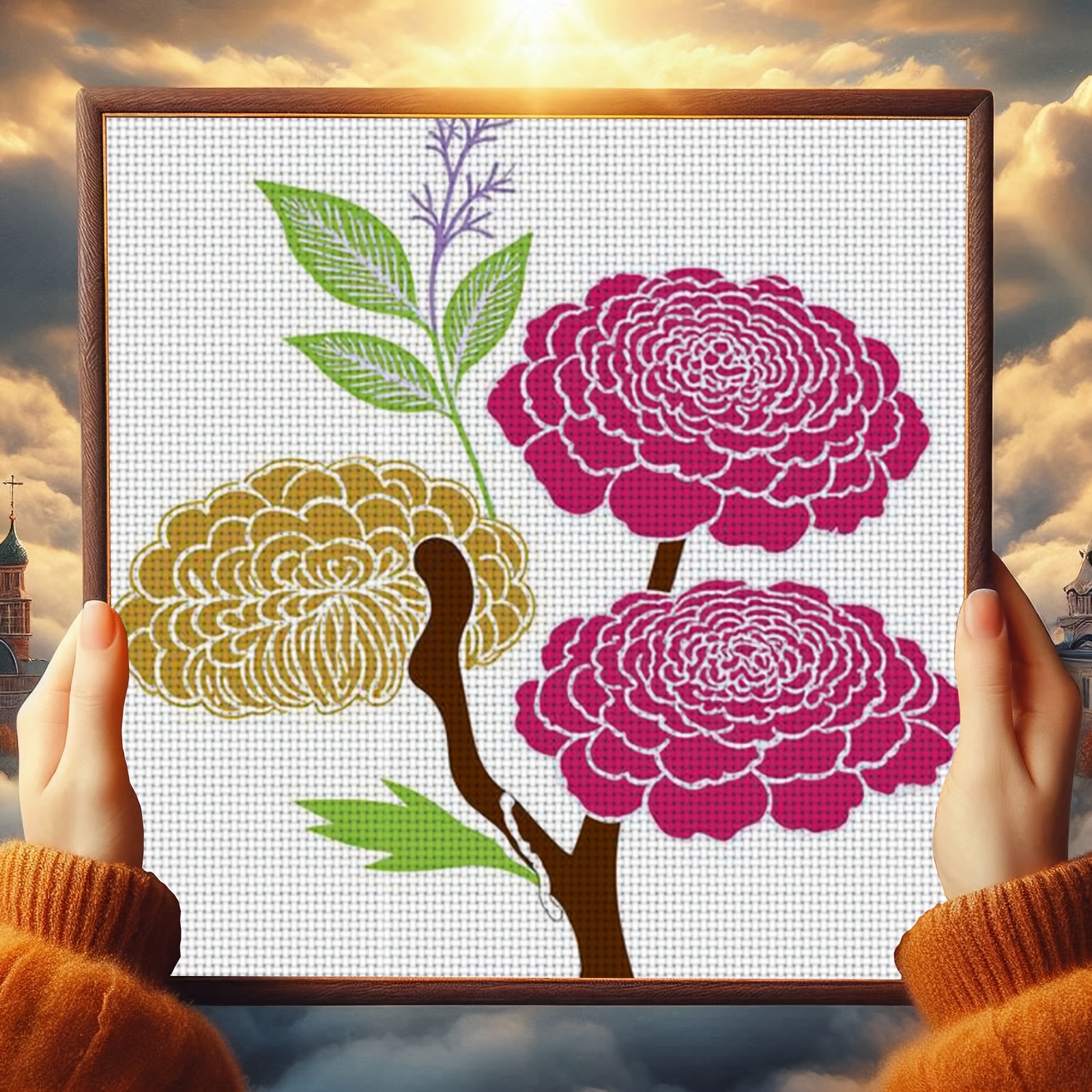DIY Cross-Stitch Printed Kit, Unframed Three Flowers Illustration Pattern