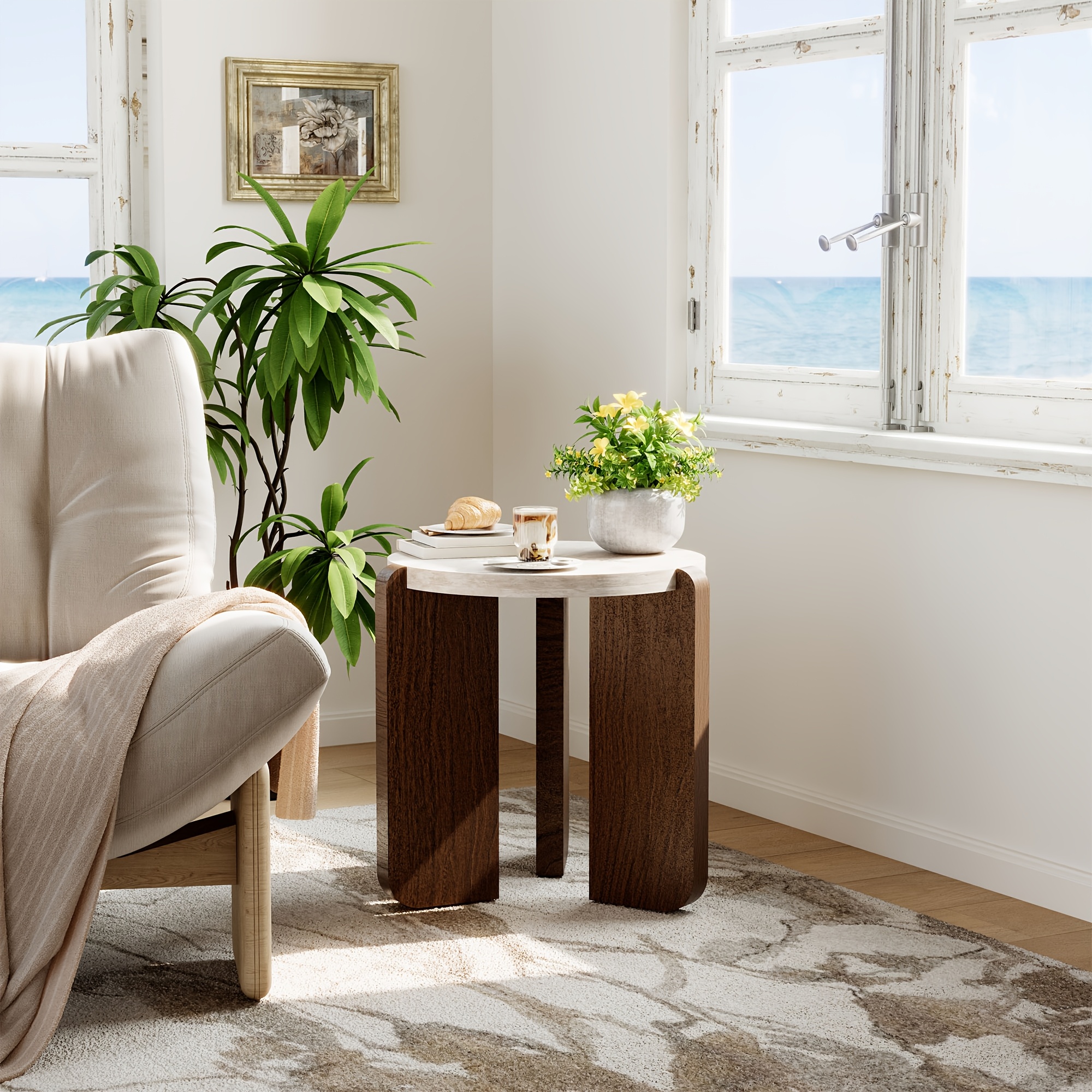 Brown Marble Look Side Table, Faux Marble MDF End Table for Living Room, Bedroom - Modern Accent Table with Lower Shelf for Couch, Sofa, Small Apartment