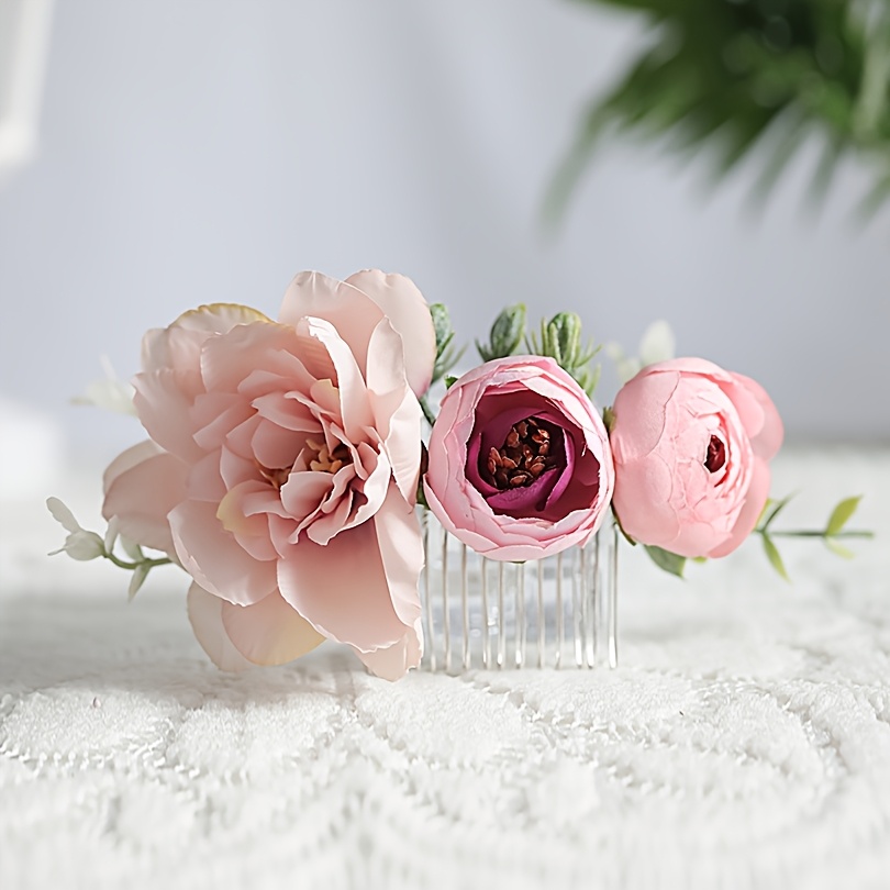 Image of Handmade Bohemian Floral Hair Additions Wedding Bride Hair Comb Pink Rose Hair Additions Photography Wear