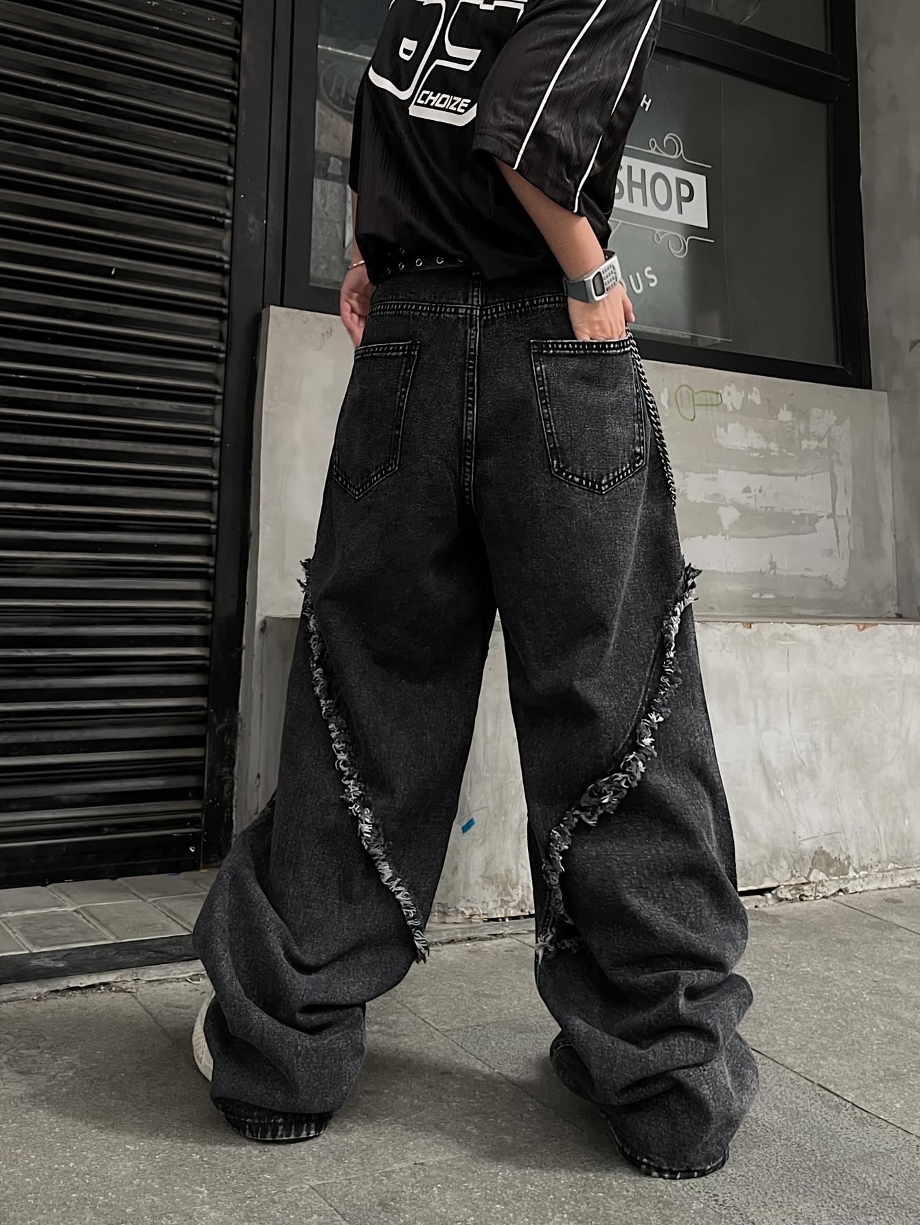 mens american streetwear loose fit jeans distressed design Temu