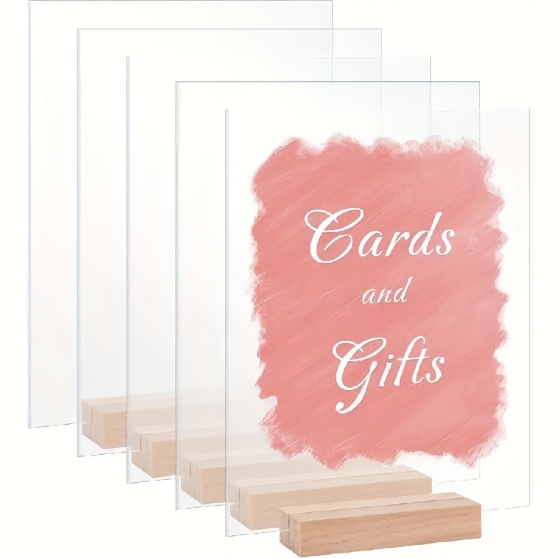 Image of 5pcs Clear Acrylic Sheet With Wood Stand, 3.94×5.5 Inch, Acrylic Wedding Signs Blank With Holder, Acrylic Table Signs, Scratch Resistant