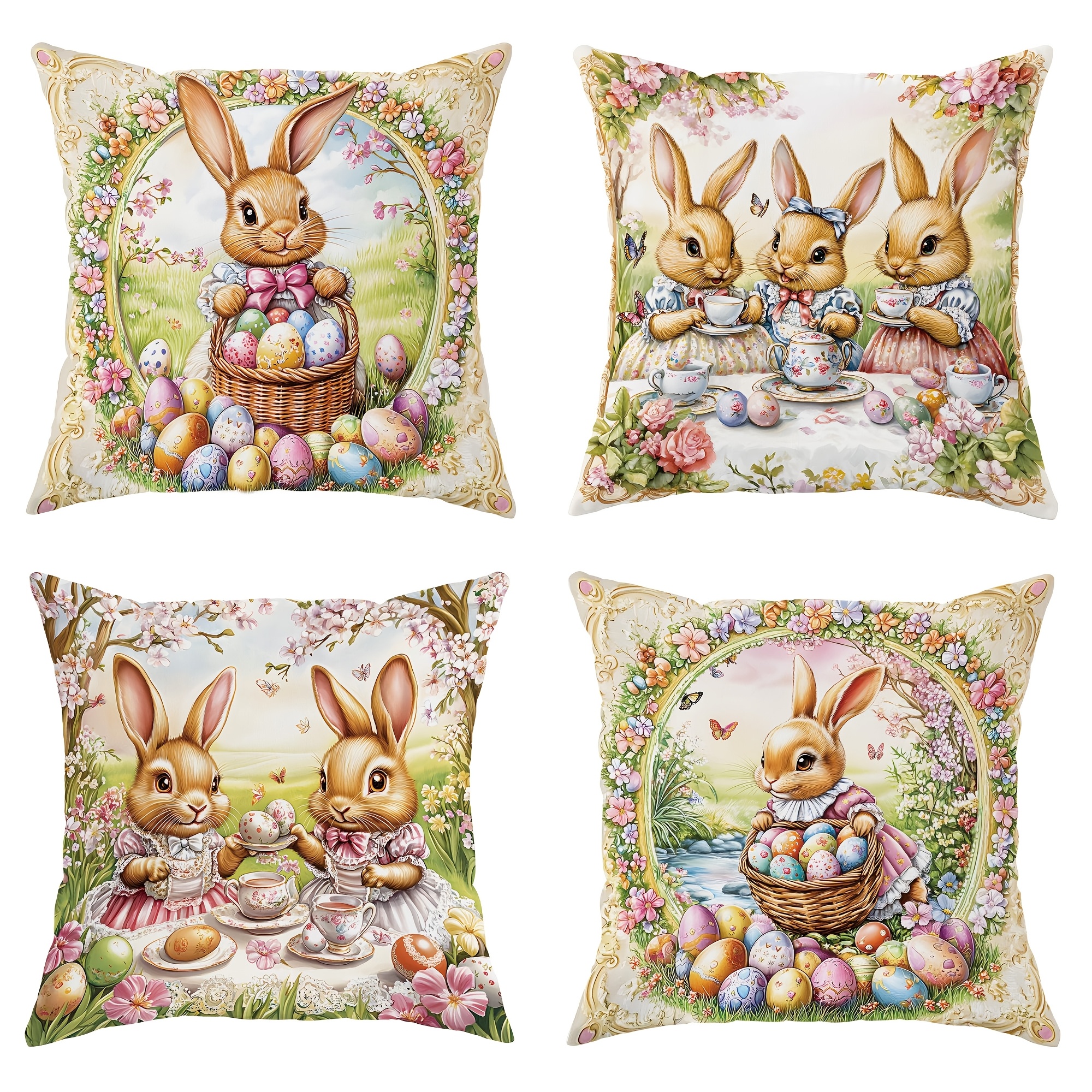 

4pcs Easter Decoration Bunny Rabbit Eastre Eggs Floral Throw Pillow Covers Cute Funny Pillowcases 1 Sided Printing 45x45cm/18x18in For Spring Living Room Bedroom Sofa Bed Decor Without Pillow Inserts