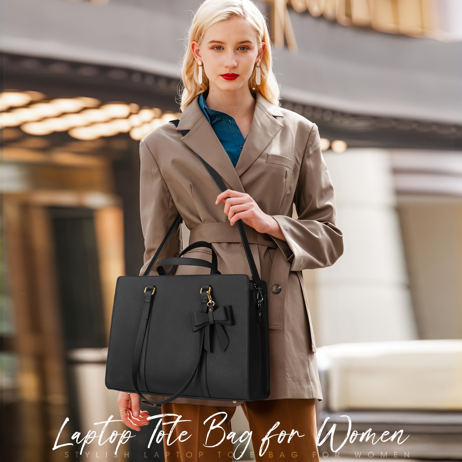 Image of Laptop Bag For Women 15.6 Inch Laptop Tote Bag Pu Leather Computer Bag Lightweight Womens Briefcase Professional Work Bag Large Capacity Handbag Shoulder Bag Black
