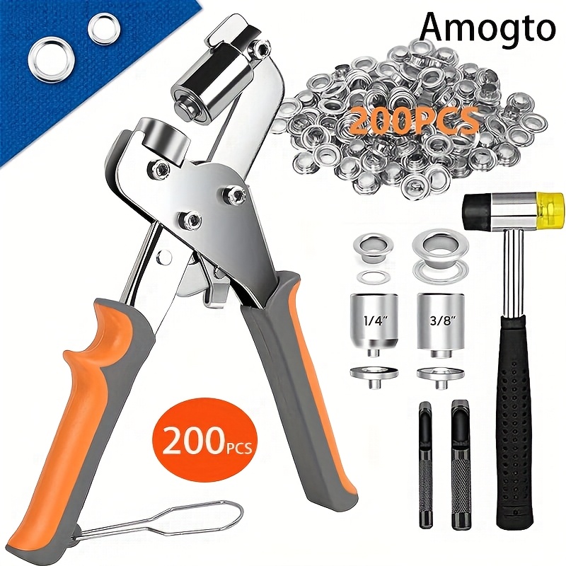 TEMU Amogto Heavy Duty Grommet Kit With 200 Metal Eyelets - 1/4" & 3/8" (6mm & 10mm) Hole Punch Pliers, Ratchet Tool & Setting Hammer For Tarps,