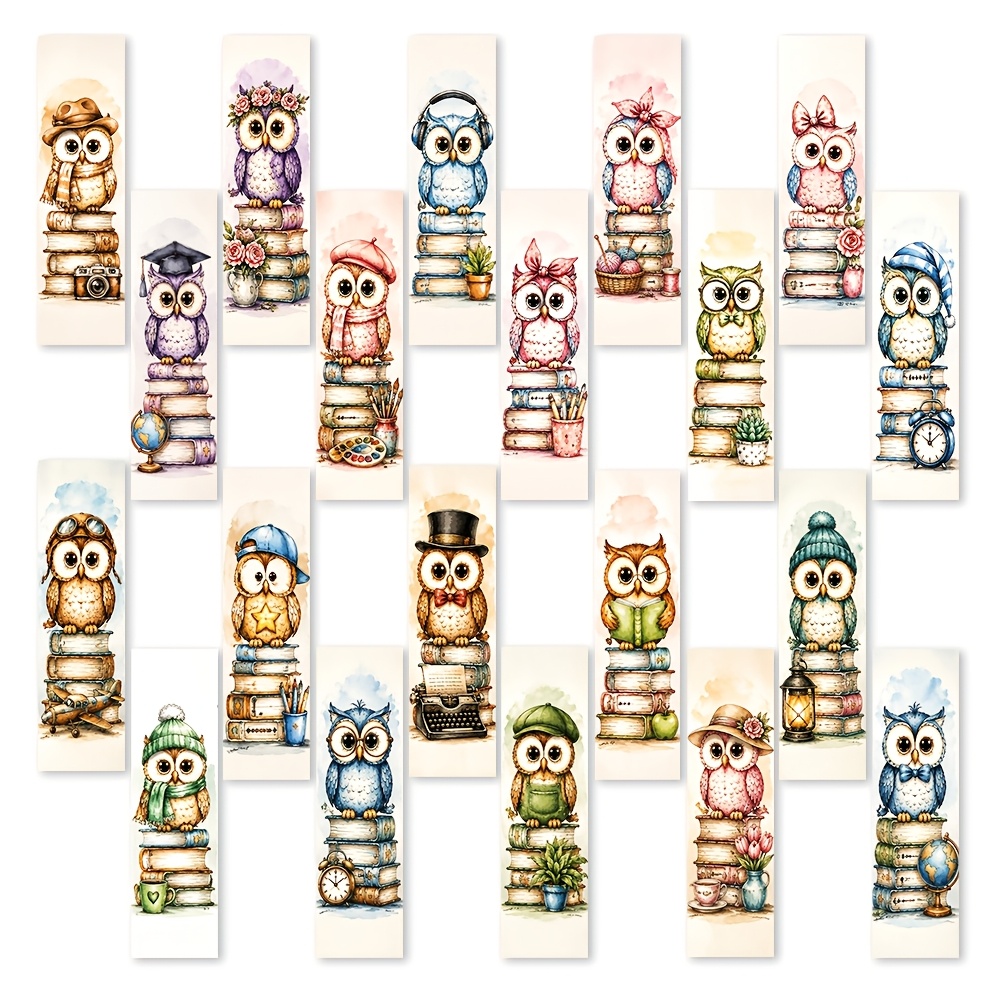 TEMU 20pcs Set, Owl With Hat Sitting On A Stack Of Books Watercolor Themed Bookmarks, Designed For Book Lovers, Suitable For Book Clubs , Book Insert