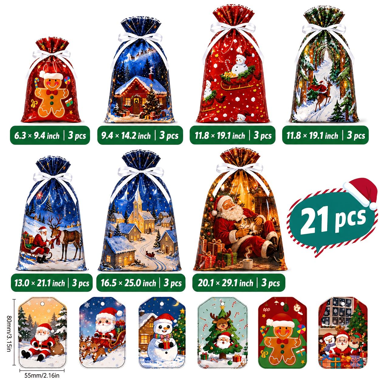 TEMU 21 Pack Christmas Drawstring Gift Bags With Tags, Assorted Sizes Small Medium Large Reusable Shiny Foil Xmas Gift Bags, 7 With Ribbon Ties For