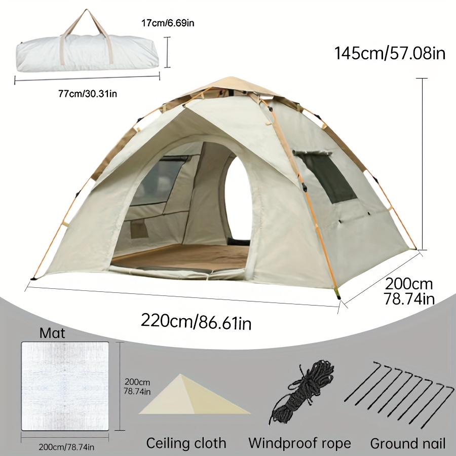 Image of Large-sized Beige Quick-deploying Tent For 1 Person And Multiple People. Foldable Storage Additions Storage Bags, Floor Pegs And Seat Cushions. All Complete And Suitable For Outdoor Travel And Camping