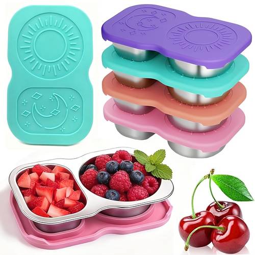 4pcs stainless steel snack containers with lids salad dressing containers 5 3oz 150 3 g 2 compartment small condiment containers with leak proof silicone lids perfectly sized reusable sauce cups and snack boxes