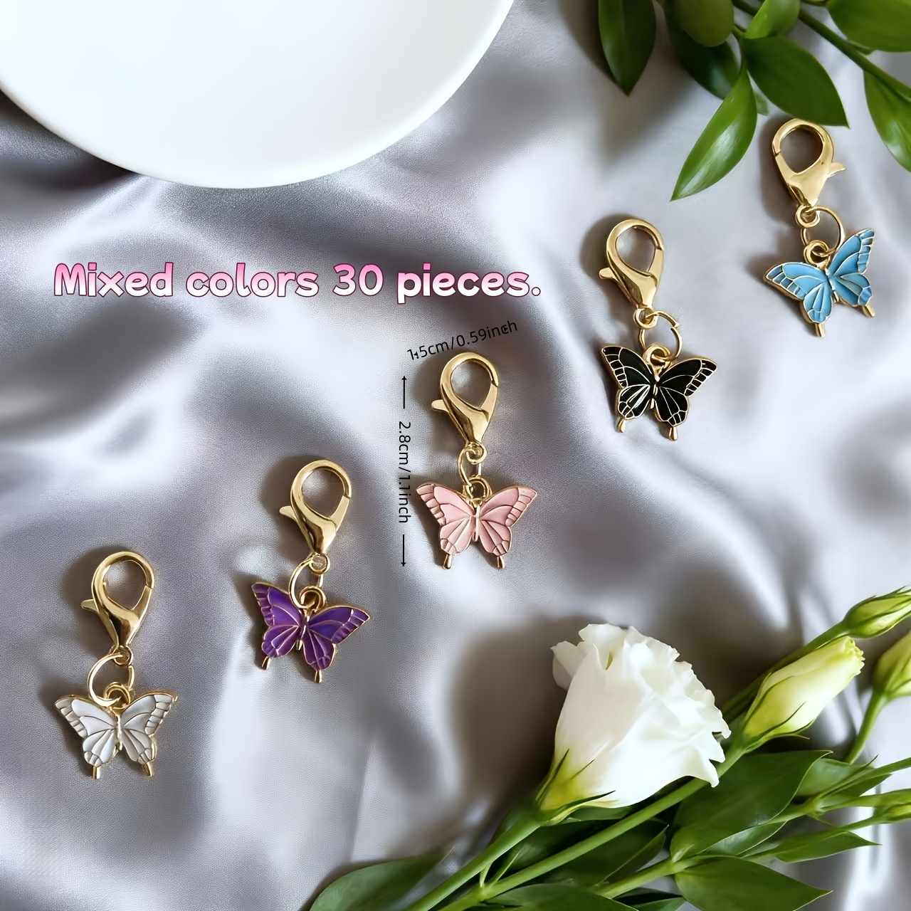 E-shop 30 Stück Frühlings-Schmetterling-Schlüsselanhänger | Pink, Blau, Lila mit Schleifendesign, Elegante Charms aus Zinklegierung für