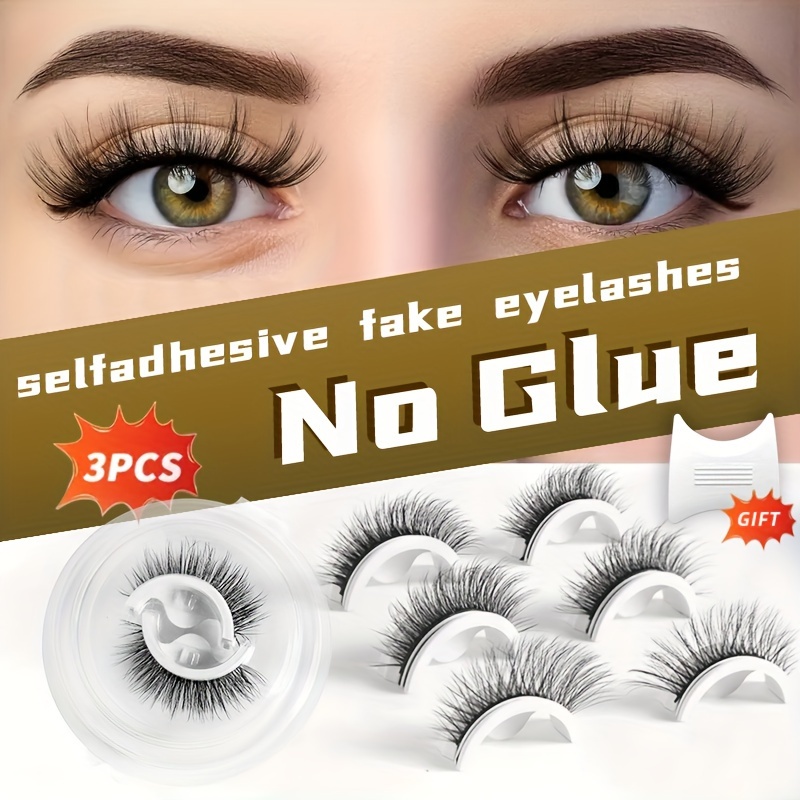 

Self-adhesive False Eyelashes Set Of 3 Pairs - Pre- Reusable Easy-to-apply Lashes In Cat Eye, Natural, , Fluffy & Extra Thick Styles /c & Lengths (6-9mm, 10-12mm, 13-15mm) For Beginners