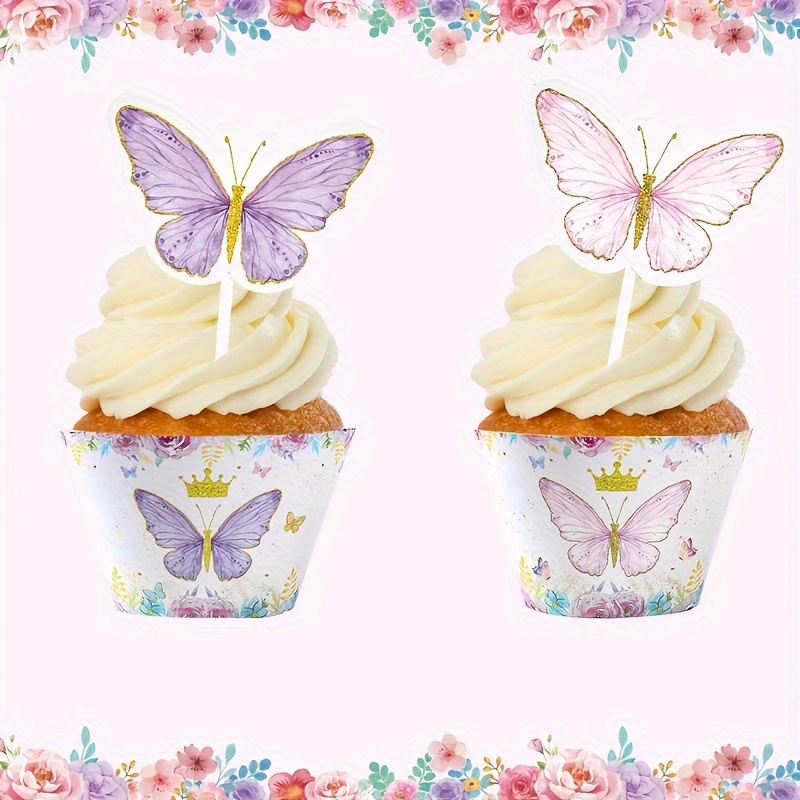 

12pcs/set Butterfly Cake Cupcake Wrappers Butterfly Theme Cupcake Toppers Birthday Party Decoration Cake Decor