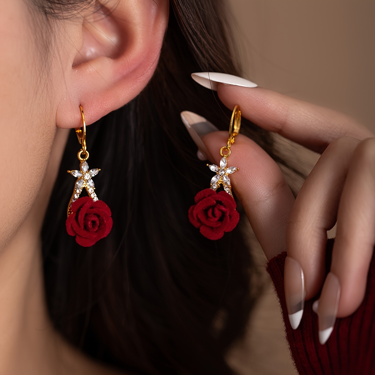 TEMU A Pair Of Elegant And Luxurious Rose Flower Pendant Earrings, Autumn And Winter. Ideal For Everyday Use And Special Occasions. A Wonderful Gift
