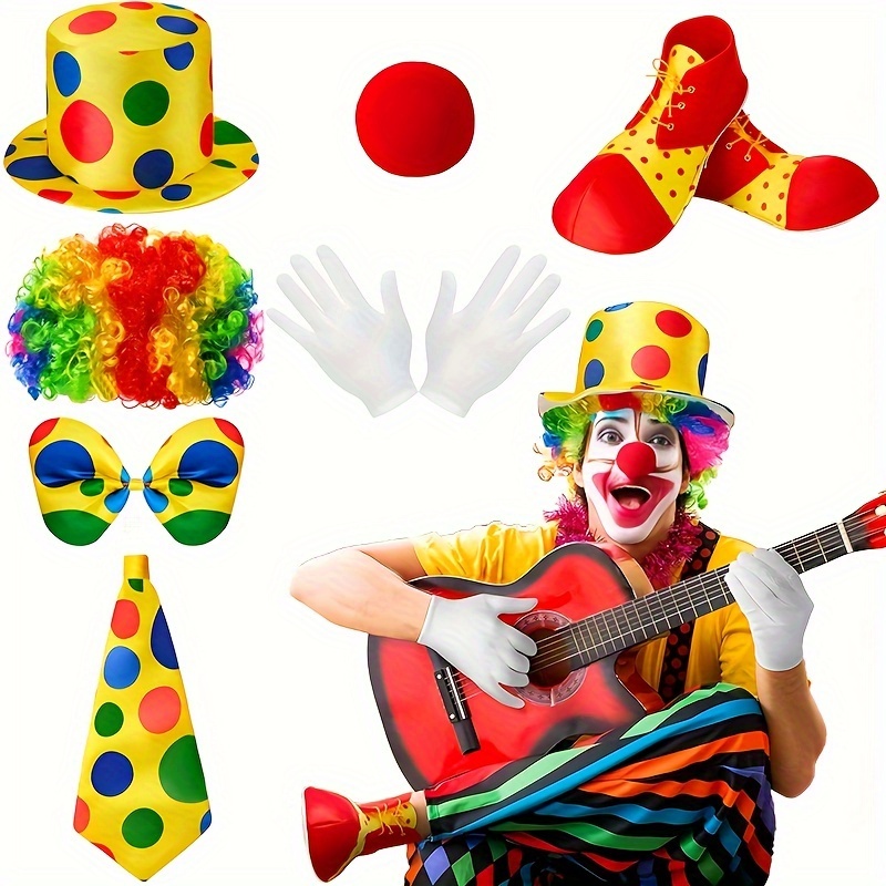 

7pcs, Clown Costume Set With Multi-color Wig, Polka Dot Hat, Red Nose, Bow Tie, White Gloves, Oversized Shoes, Clown Accessories For Halloween Cosplay, Adult Clown Party Circus Carnival Dress-up