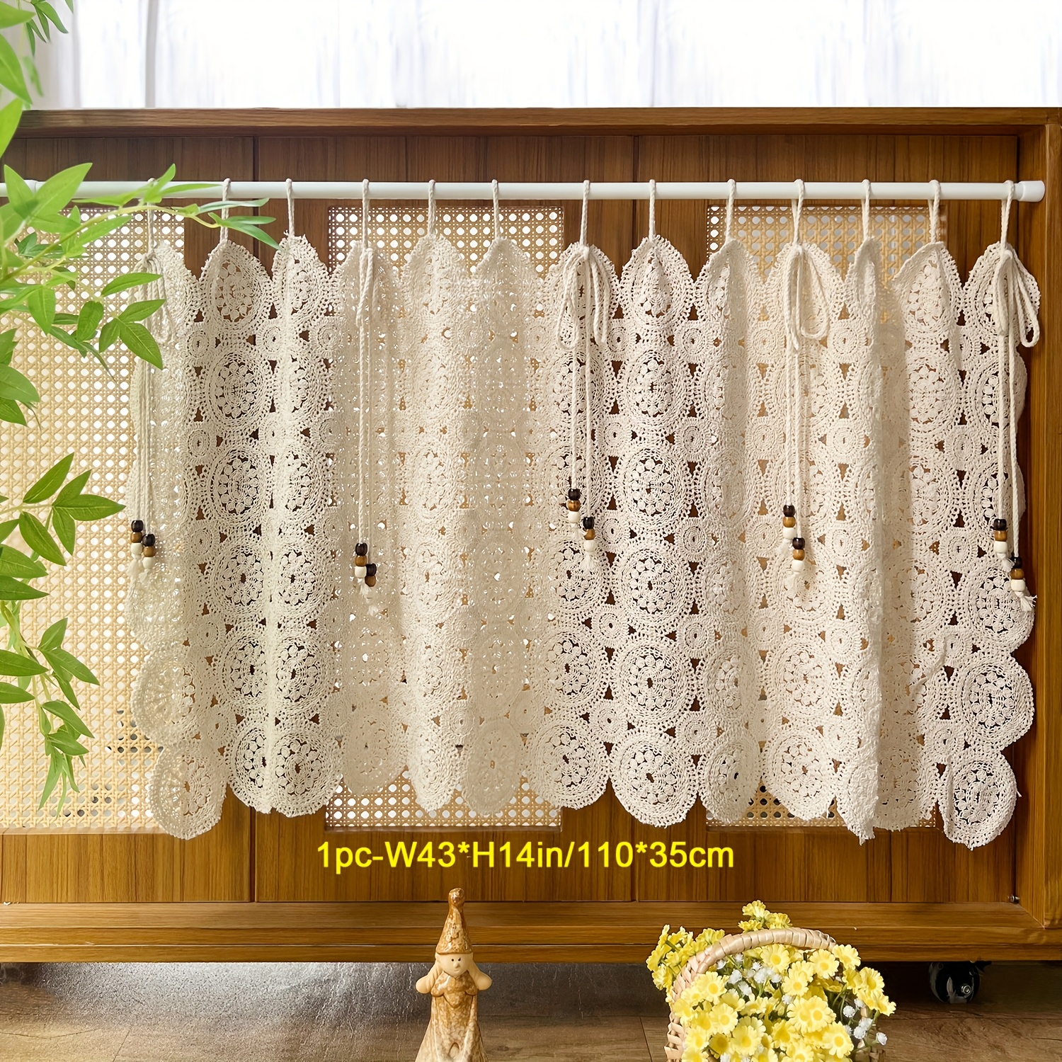 Image of 1pc Of Small Curtains In A Rustic Bohemian Style, Featuring Hollow Crochet Design, Ideal For Kitchen Windows As Half Curtains, With A Topper Tie Top Drapery In A Single Panel