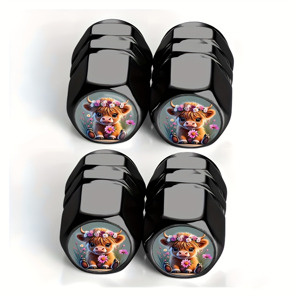 TEMU 4pcs Black Cute Calf With Wreath Pattern Tire Valve Caps - Durable Aluminum Alloy, Fit For Cars, Trucks, Suvs & Motorcycles, Stylish Dust-proof