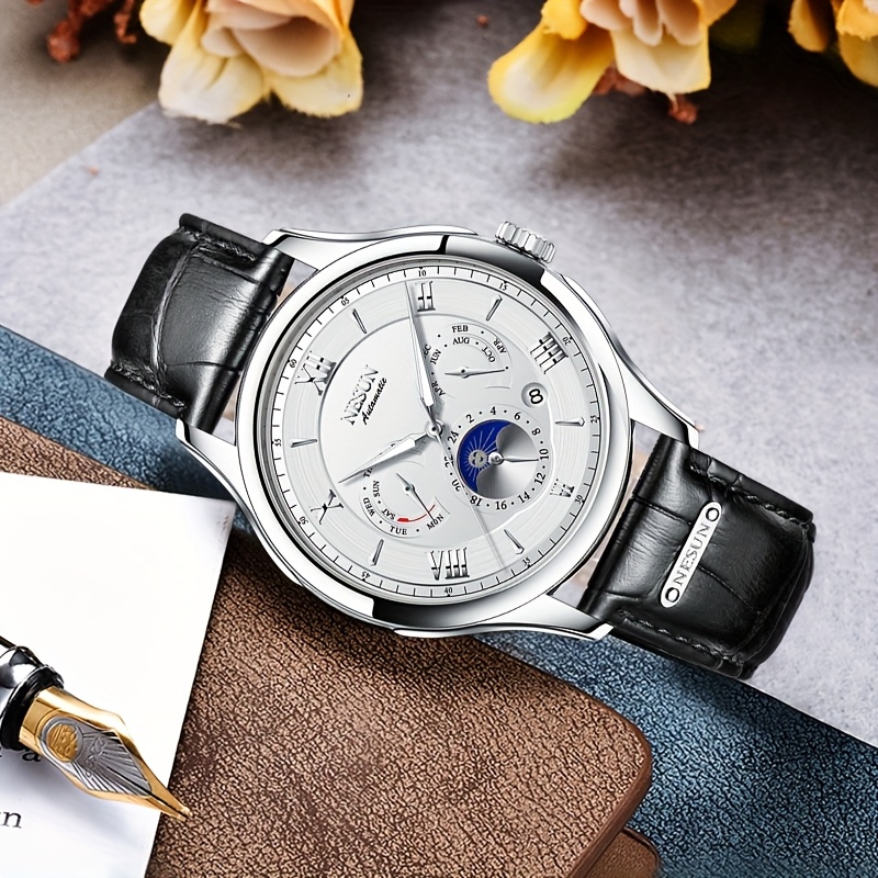 Men's Multifunctional Stainless Steel Mechanical Watch with Leather Strap