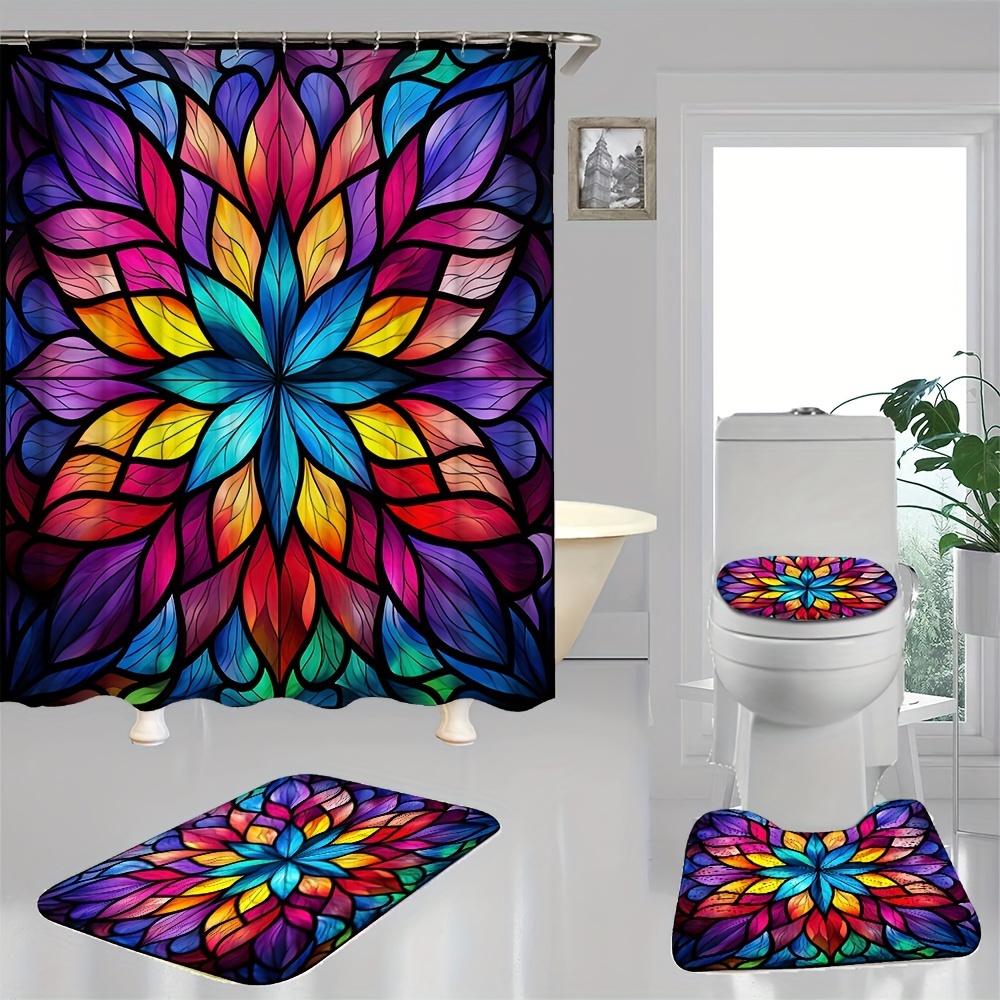 

1/4pcs Geometric Floral Pattern Bathroom Shower Curtain Set, Waterproof Curtains With Plastic Hooks, Bathroom Carpet, U-shaped Mat, Toilet Cover Mat, Bathroom Decor