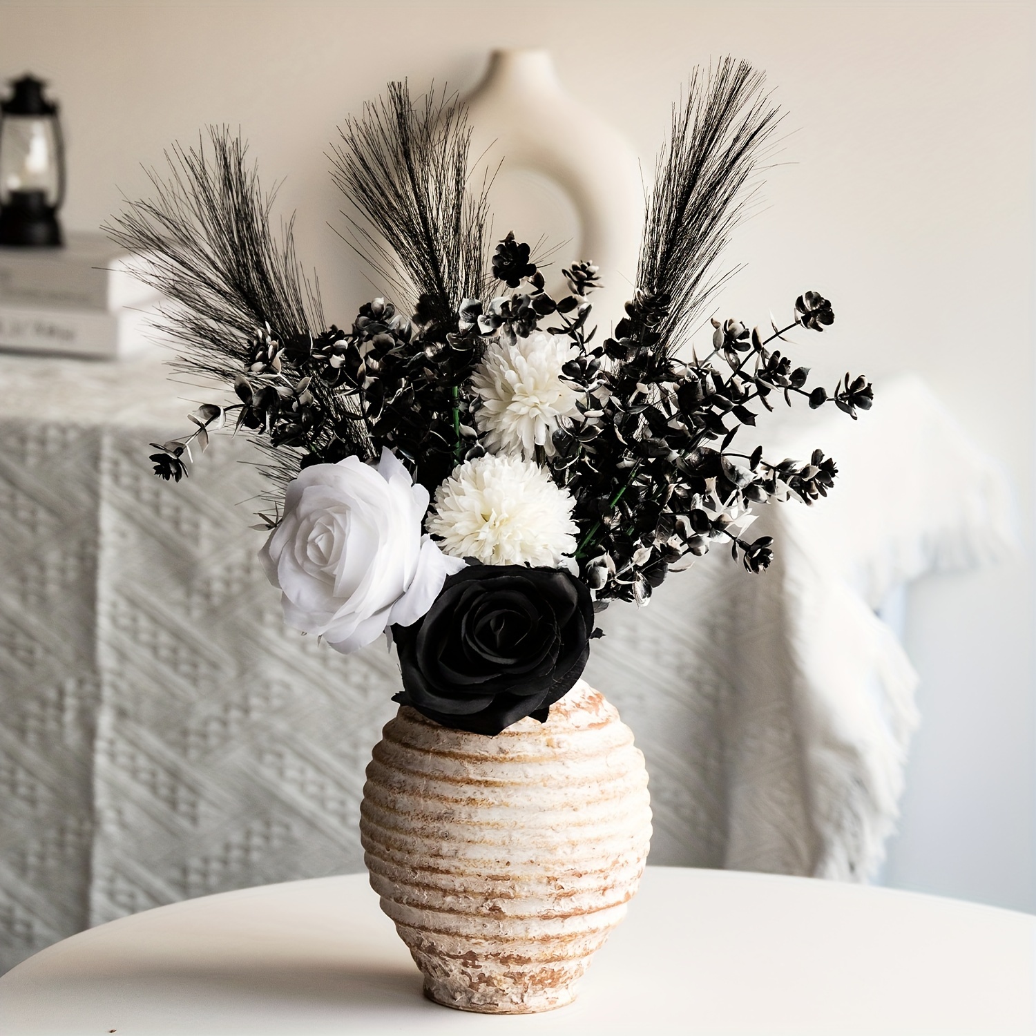 

Elegant Black & White Artificial Rose Bouquet - Home Decor, Table Centerpieces &