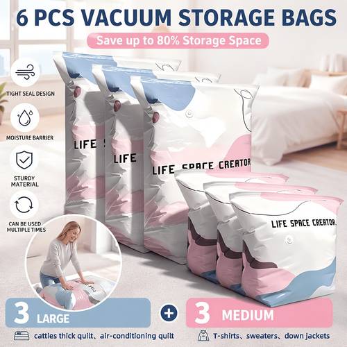 item picture 6 pack heavy duty pump free vacuum storage bags press seal space saving compression bags for clothes blankets travel moving emergency storage