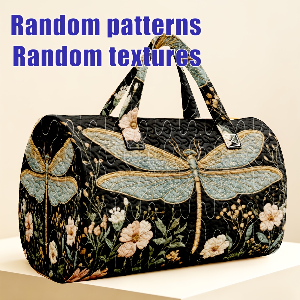 TEMU 1pc Dragonfly And Dark-bottom Pattern Quilted Cylinder Travel Tote Bag, Natural , Suitable For And Vintage Aesthetics, Large Capacity For