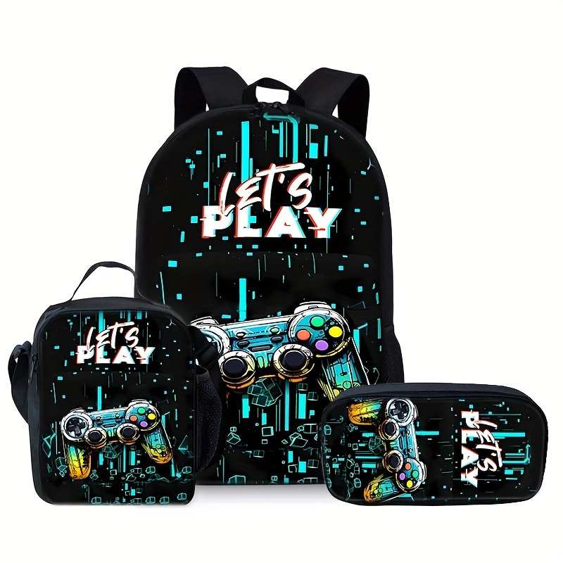 

Casual Fashion Let's Play Letter And Gamepad Print 3pcs Knapsack With Hand Bag And Pouch, Adjustable Strap And Large Capacity, Zip Up, Trendy Backpack For Travel And School