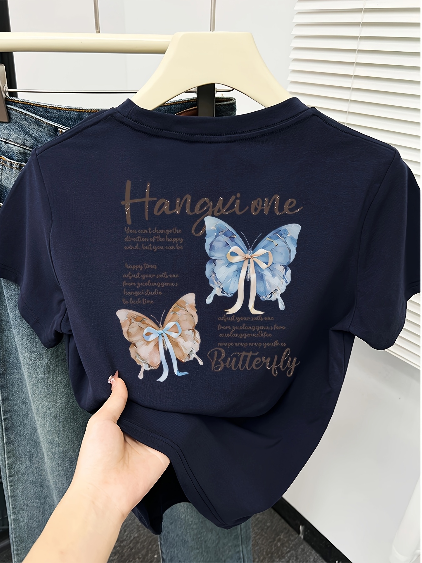 womens   fit   print t shirt hangin   with blue brown butterflies casual short sleeve top for spring summer   shirt Product details 4