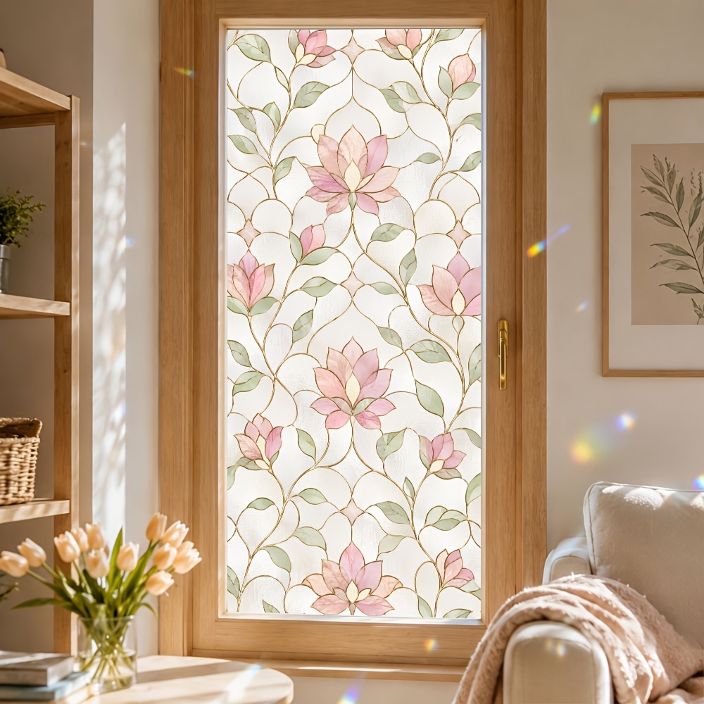 TEMU 1 Roll Of Pastel Stained Glass Floral Frosted Window Film, Self Adhesive Pet Glass Window Sticker With Removable Adhesive, 45x100cm/17.7x39.4in