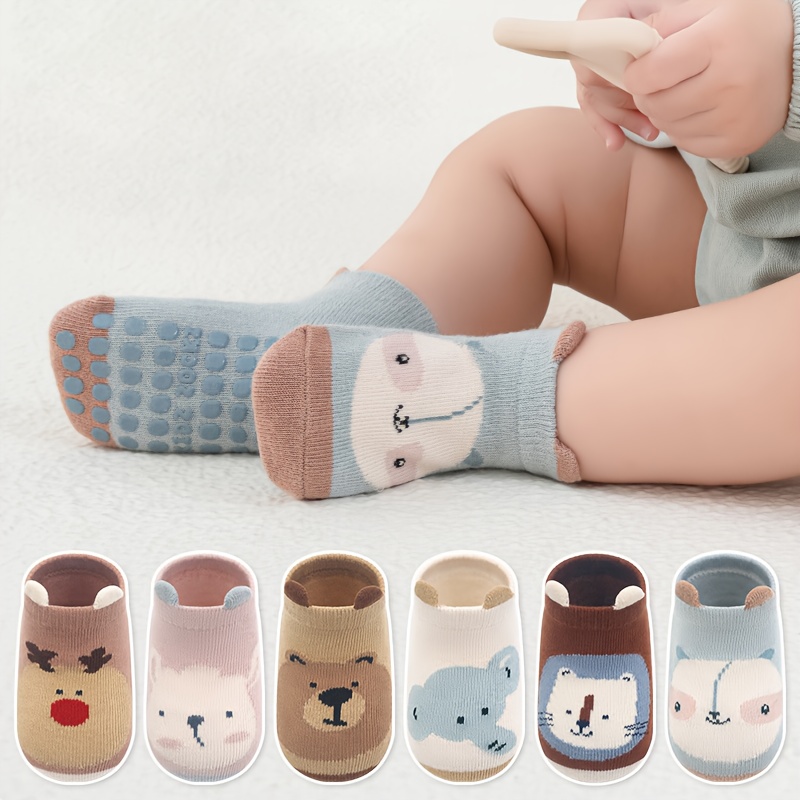 1 Par Calcetines Antideslizantes para Bebé | Calcetines de Media Caña Tejidos para Bebés de 0 a 3 Años, Patrón de Animales, Uso en Todas las Estaciones