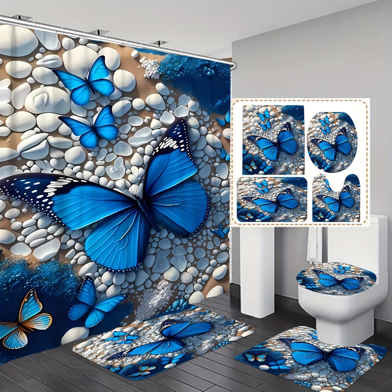 

1/3/4pcs Blue Butterfly And White Pebbles Bathroom Set, Includes Shower Curtain (70x70 Inches) With 12 Free Hooks, Toilet Lid Cover, Bath Mat, And Pedestal Rug, Vibrant Decor For Home Restroom