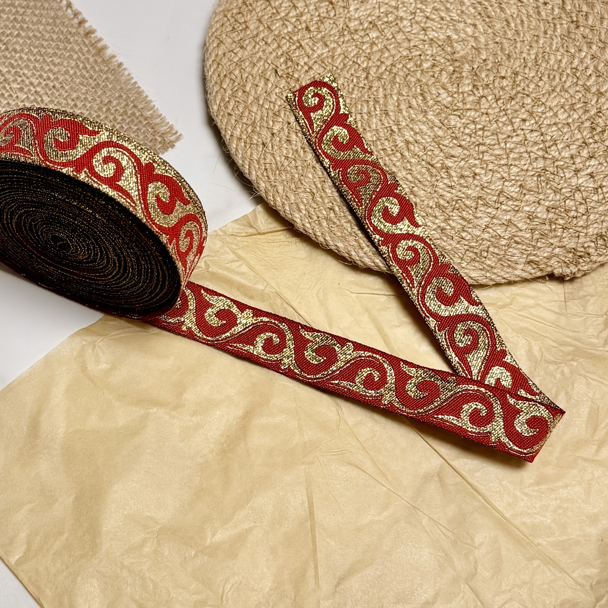 TEMU 10-yard 2cm Embroidered Printed Webbing, Garment Accessory, Red And Golden Color Scheme, Vintage Ethnic Style, Handmade Diy