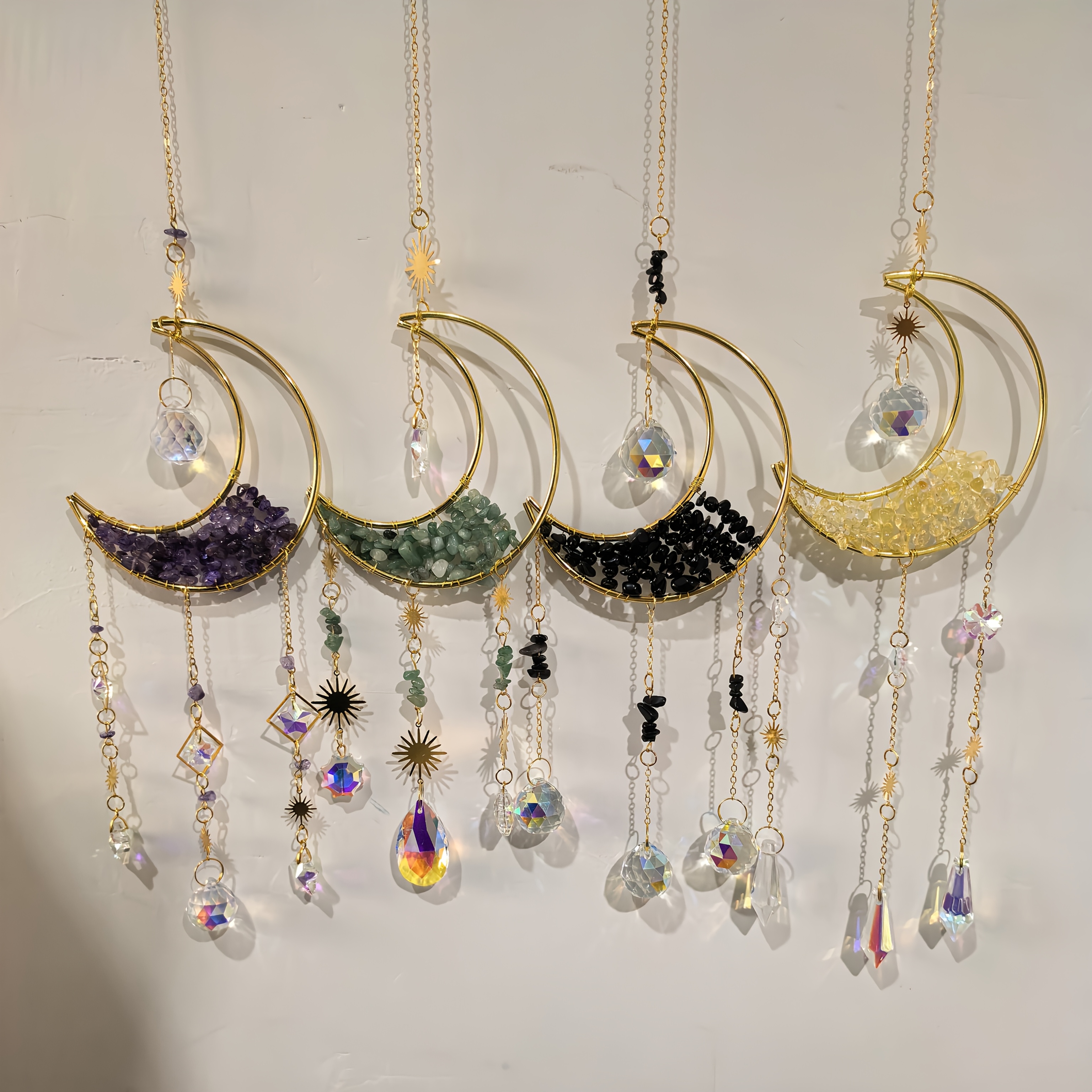Image of 4pcs Moon Shaped Catcher, Car Pendant, Magic Rainbow Hanging Wall Decoration, Pendant, Rainbow Manufacturer Hanging Decoration, For Garden Window Wall Decoration